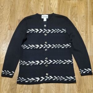 Ami Knits Vintage Cardigan Sweater Womens Size 6 Black Tan Stripe